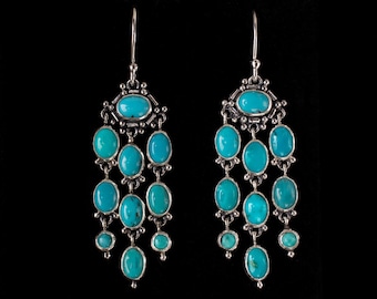 Sterling Silver Tibetan Turquoise Boho Chandelier Dangle Earrings: DAPHNE