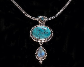 Collier bohème en argent sterling, turquoise du Tibet et pierres de lune arc-en-ciel, fabriqué à la main avec une pierre précieuse de labradorite sur la caution : TIBET