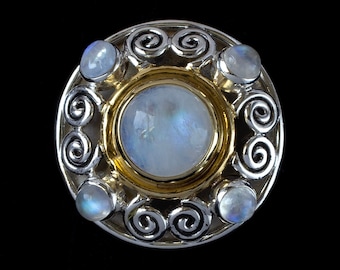 Sterling Silver & 18K Gold Vermeil Rainbow Moonstone Ring Handcrafted in an Art Nouveau Style- AUBREY