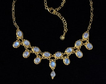 Dangling Rainbow Moonstone Victorian Statement Necklace Handcrafted in 18K Gold Vermeil: SCARLET