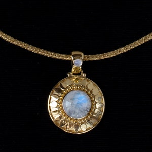 18K Gold Vermeil Rainbow Moonstone Celestial Sun Necklace Handcrafted in a Balinese Style: SUNSHINE