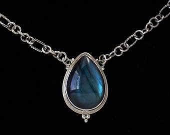Sterling Silver Labradorite Teardrop Necklace: Handmade Gemstone Statement Necklace—AURORA