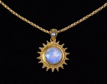 Rainbow Moonstone Sun Necklace: 18K Gold Vermeil Balinese Style Celestial Pendant—SUNNA