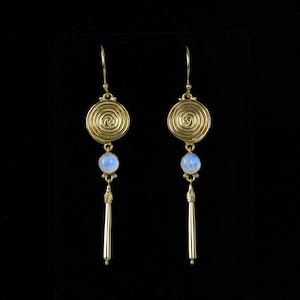Rainbow Moonstone Dangle Earrings: 18K Gold Vermeil Spiral Boho Earrings—CARMEN