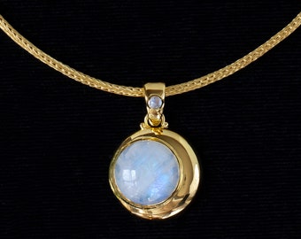 Rainbow Moonstone Crescent Moon Celestial Necklace Handcrafted in 18K Gold Vermeil: ECLIPSE