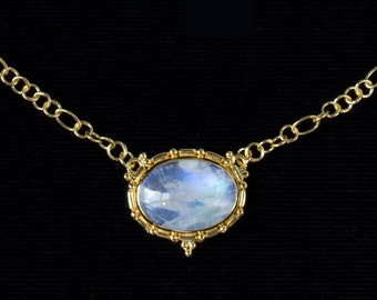 Oval Rainbow Moonstone 18K Gold Vermeil Necklace Handcrafted in a Balinese Style—JANE