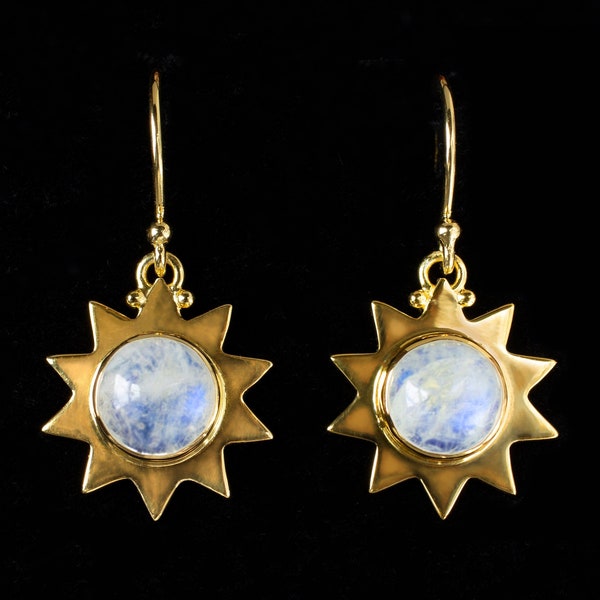 Rainbow Moonstone Celestial Sun Earrings Handcrafted in 18K Gold Vermeil: PERSIAN SUN