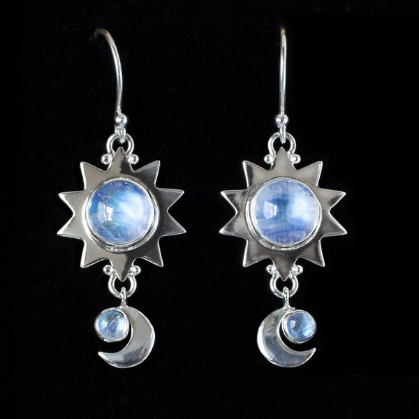Rainbow Moonstone Celestial Sun and Moon Earrings Handcrafted in Sterling Silver: SUN MOON