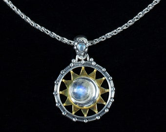 Rainbow Moonstone Sun and Moon Celestial Necklace Handcrafted in Mixed Metal Sterling Silver & 18K Gold Vermeil- CELESTIAL