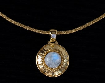Collier soleil céleste, pierre de lune arc-en-ciel et pierre de lune vermeil en or 18 carats fabriqué à la main dans un style balinais : SUNSHINE