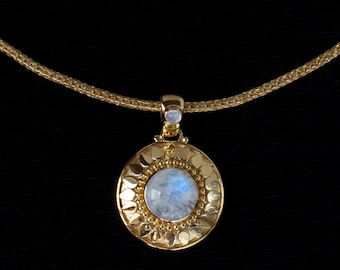 18K Gold Vermeil Rainbow Moonstone Celestial Sun Necklace Handcrafted in a Balinese Style: SUNSHINE