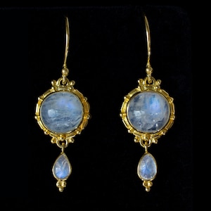 18K Gold Vermeil Rainbow Moonstone Dangle Earrings: Handcrafted Balinese Style Gemstone Drop Earrings—KATIE