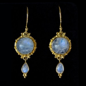 18K Gold Vermeil Rainbow Moonstone Dangle Earrings Handcrafted in a Balinese Style: KATIE