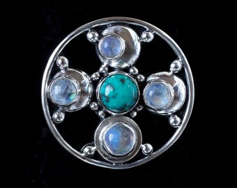 Turquoise & Rainbow Moonstone Celestial Moon Phase Ring Handcrafted in Sterling Silver- MOON PHASE