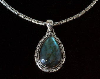 Large Labradorite Balinese Teardrop Necklace Handcrafted in Sterling Silver with a Byzantine Chain: JULIE