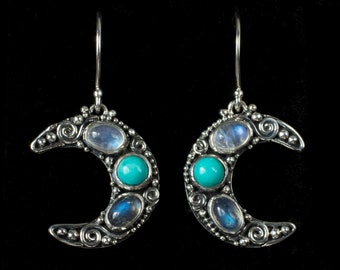 Crescent Moon Celestial Gemstone Earrings Handcrafted in Sterling Silver with Rainbow Moonstone, Turquoise & Labradorite: DELIA