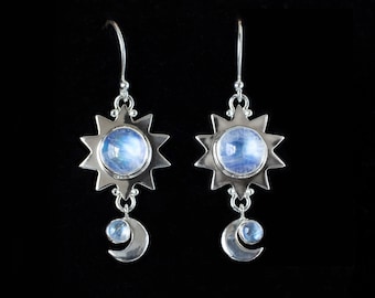 Rainbow Moonstone Celestial Sun and Moon Earrings Handcrafted in Sterling Silver: SUN MOON