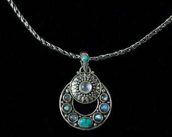 Sterling Silver Celestial Gemstone Necklace, Silver Sun and Moon Necklace, Rainbow Moonstone, Turquoise, & Labradorite Necklace—SOLSTICE