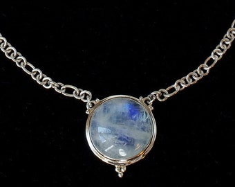 Round Rainbow Moonstone Necklace, Sterling Silver Rainbow Moonstone Necklace, Rainbow Moonstone Gemstone Necklace: CASEY