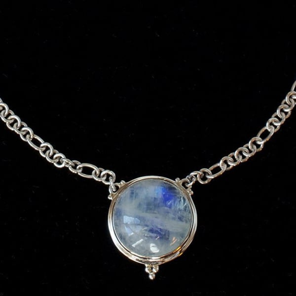 Round Rainbow Moonstone Necklace, Sterling Silver Rainbow Moonstone Necklace, Rainbow Moonstone Gemstone Necklace: CASEY