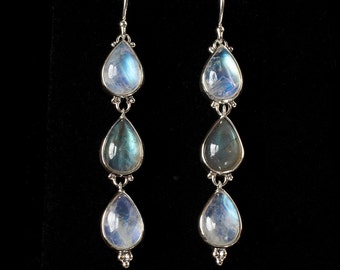 Moonstone Labradorite Dangle Earrings, Sterling Silver Rainbow Moonstone Earrings, Sterling Silver Labradorite Earrings: RAIN