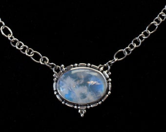 Oval Rainbow Moonstone Necklace Handcrafted in Sterling Silver in a Balinese Style: JANE