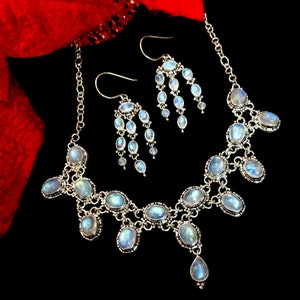Sterling Silver Rainbow Moonstone Statement Necklace and Earrings