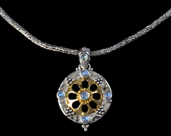 Mixed Metal Rainbow Moonstone Necklace Handcrafted in Sterling Silver and 18K Gold Vermeil in a Balinese Style- PENELOPE