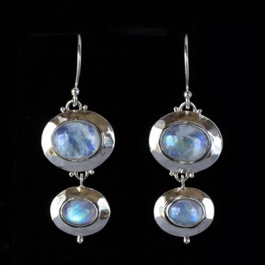 Sterling Silver Rainbow Moonstone Drop Earrings Handcrafted in a Hammered Texture: CLAIRE