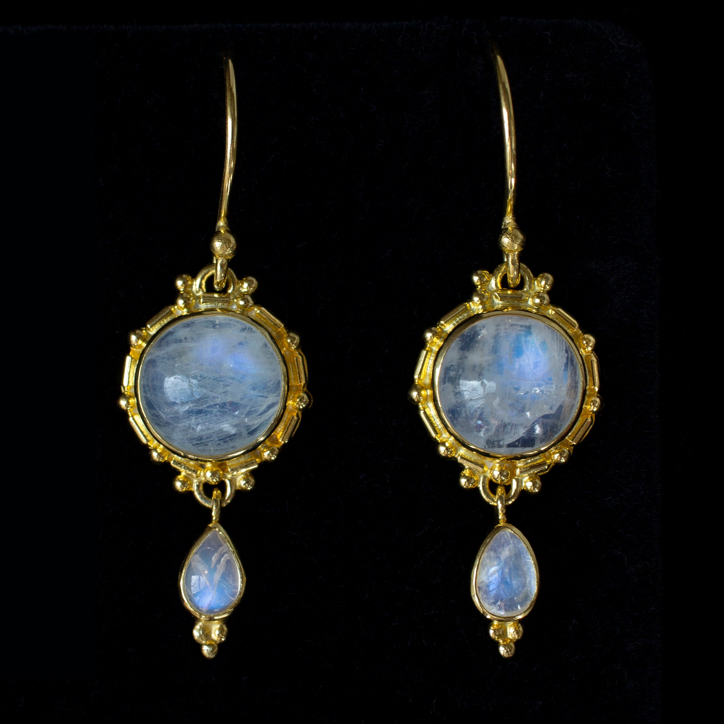 18K Gold Vermeil Rainbow Moonstone Dangle Earrings: Handcrafted Balinese Style Gemstone Drop Earrings-KATIE