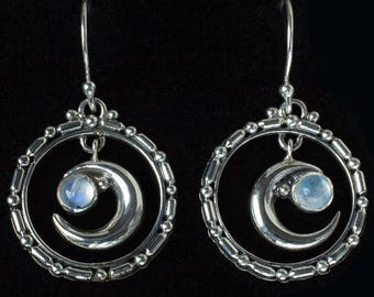 Sterling Silver Crescent Moon Celestial Hoop Earrings with Dangling Rainbow Moonstones: SELENE