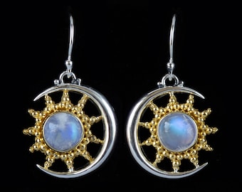 Sun and Crescent Moon Rainbow Moonstone Celestial Earrings Handcrafted in Sterling Silver & 18K Gold Vermeil- LUCINA