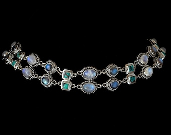 Sterling Silver Multi-Stone Statement Choker with Rainbow Moonstone, Turquoise & Labradorite Gemstones: KATHERINA