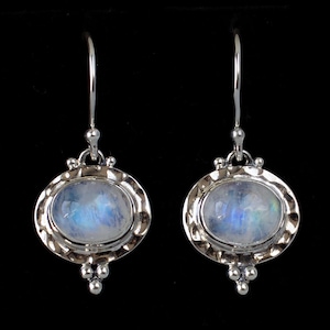 Rainbow Moonstone Drop Earrings, Sterling Silver Rainbow Moonstone Earrings, Handcrafted Hammered Silver Earrings, Everyday Earrings—PEGGY