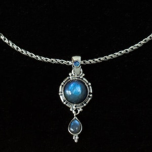 Sterling Silver Labradorite Dangle Necklace, Handcrafted Labradorite Pendant Necklace, Labradorite Balinese-Style Bohemian Necklace—KATIE