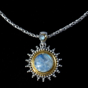 Rainbow Moonstone Sun Necklace Handcrafted in Sterling Silver & 18K Gold Vermeil in a Balinese Style- SUNNA