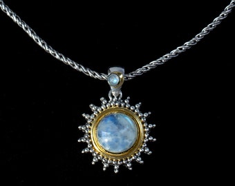 Rainbow Moonstone Sun Necklace Handcrafted in Sterling Silver & 18K Gold Vermeil in a Balinese Style- SUNNA