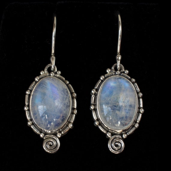 Blue Moonstone Intricately Accented 925 Sterling Silver Dangle Earrings
