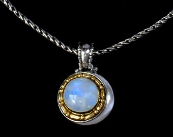 Rainbow Moonstone Crescent Moon Necklace Handcrafted in Sterling Silver & 18K Gold Vermeil- JUNA