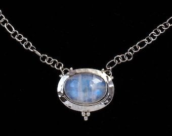 Oval Rainbow Moonstone Sterling Silver Necklace Handcrafted in a Hammered Texture.: CLAIRE