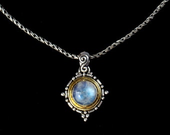 Sterling Silver & 18K Gold Vermeil Rainbow Moonstone Necklace Handcrafted in a Balinese Style- CASSANDRA