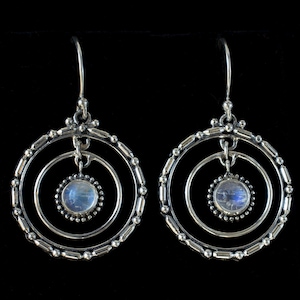 Sterling Silver Rainbow Moonstone Hoop Earrings: Handcrafted Balinese Style Dangle Earrings—ETERNITY