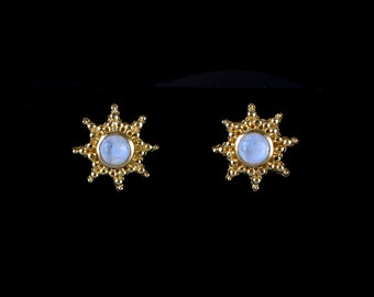 Rainbow Moonstone 18K Gold Vermeil Sun Stud Earrings Handcrafted in a Celestial Style: SUNNA