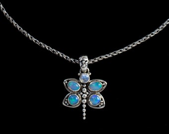 Ethiopian Fire Opal & Rainbow Moonstone Dragonfly Pendant Necklace Handcrafted in Sterling Silver- DRAGONFLY