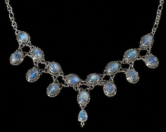 Rainbow Moonstone Sterling Silver Statement Bib Necklace: Victorian Dangle, Balinese Design—SCARLET