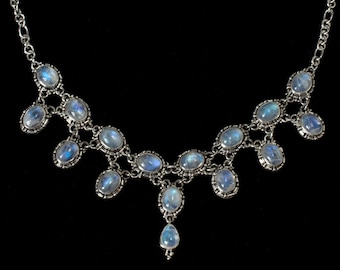 Collier de déclaration victorienne en pierre de lune arc-en-ciel fabriqué à la main en argent sterling : ÉCARLATE