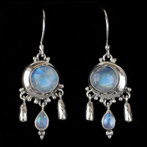 Rainbow Moonstone Crescent Moon Dangle Earrings: Sterling Silver Chandelier Earrings—HELENE