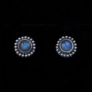 Labradorite Stud Earrings, Sterling Silver Stud Earrings, Small Stud Earrings, Sterling Silver Labradorite Studs, Balinese-Style Studs—MOON
