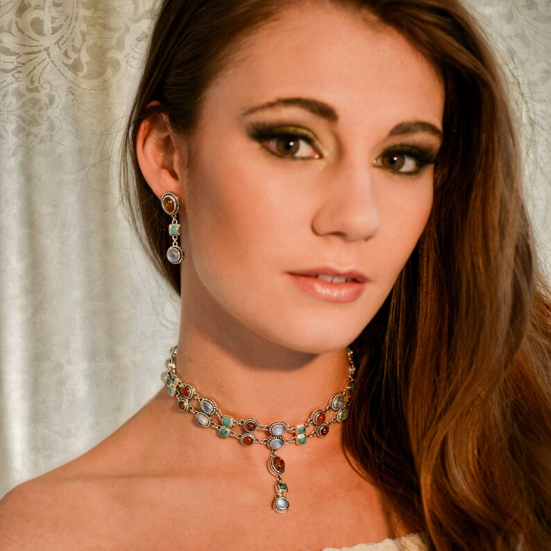 Sterling Silver Gemstone Choker Necklace Carnelian Turquoise Etsy