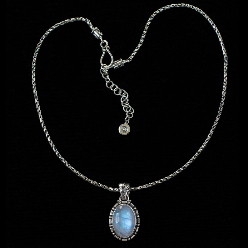 Oval Rainbow Moonstone Balinese Necklace Handcrafted in Sterling Silver: FELINA image 1